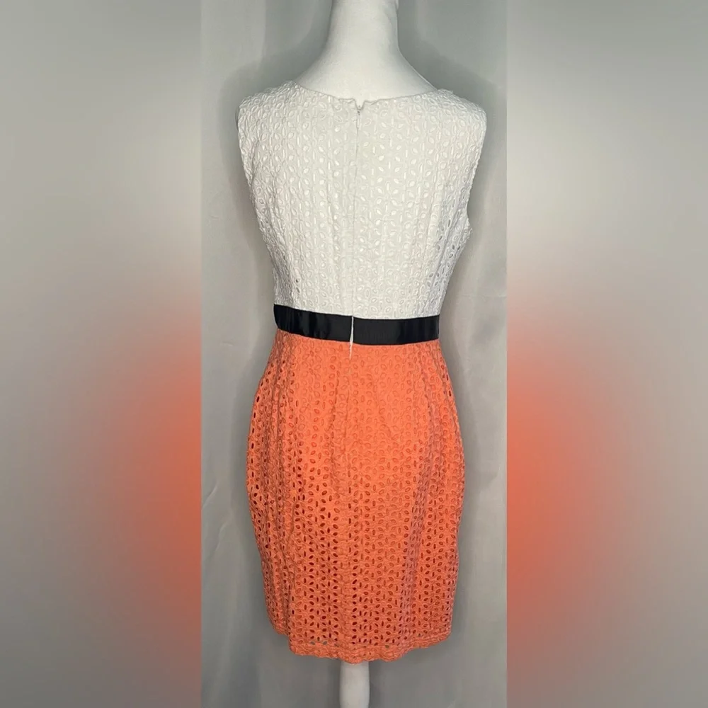Cato Eyelet Lace Sleeveless Midi Sheath‎ Dress in White and Orange - Picture 3 of 5